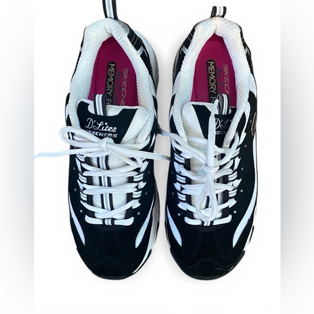 Skechers D'Lites Women's Black White & Pink Memory Foam Sneakers - Picture 4 of 8